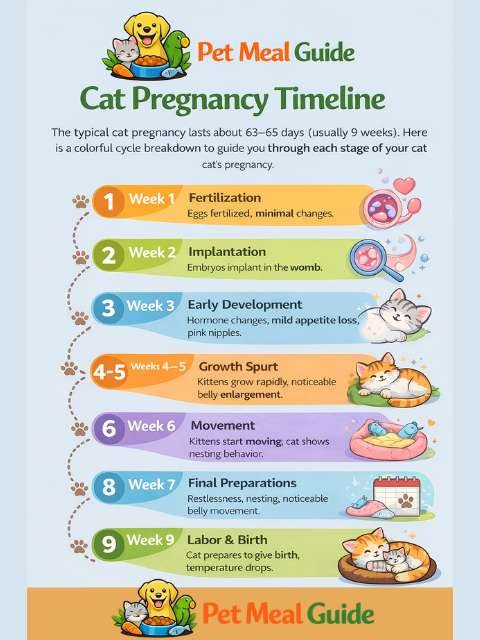 Cat pregnancy stages timeline week by week showing fetal development and physical changes
