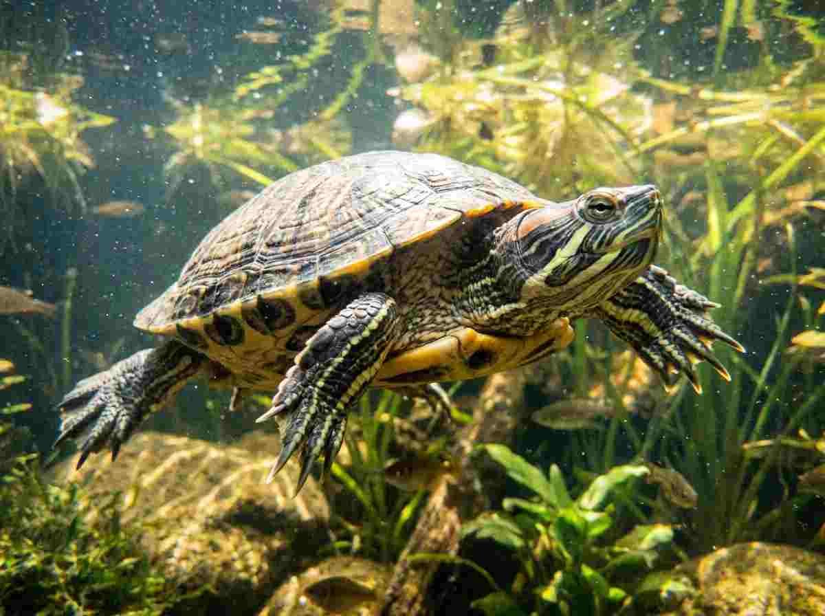Close up of a healthy aquatic turtle swimming underwater