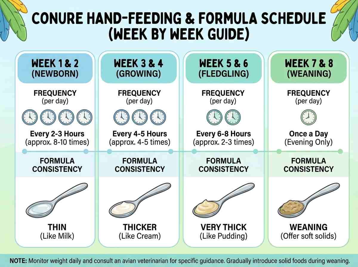 Infographic showing week by week conure hand feeding schedule and formula consistency