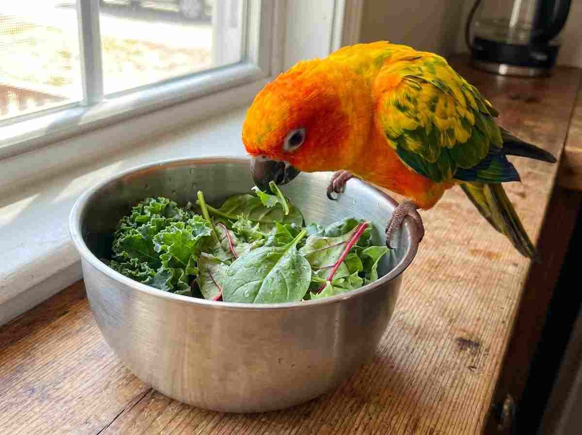 beautiful sun conure feeding on fresh leafy green vegetables out of a stainless steel bowl