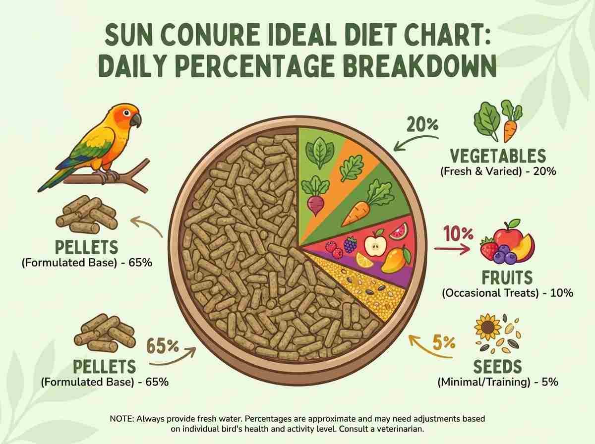 sun conure diet chart infographic detailing percentage of pellets, vegetables, fruits, and seeds