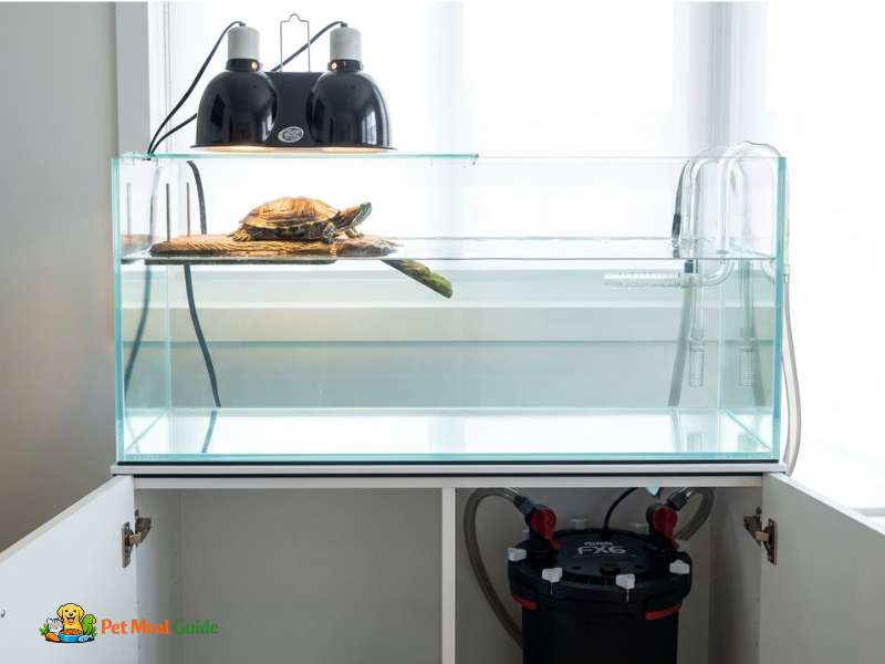 Complete aquatic turtle tank setup with basking dock and filtration system