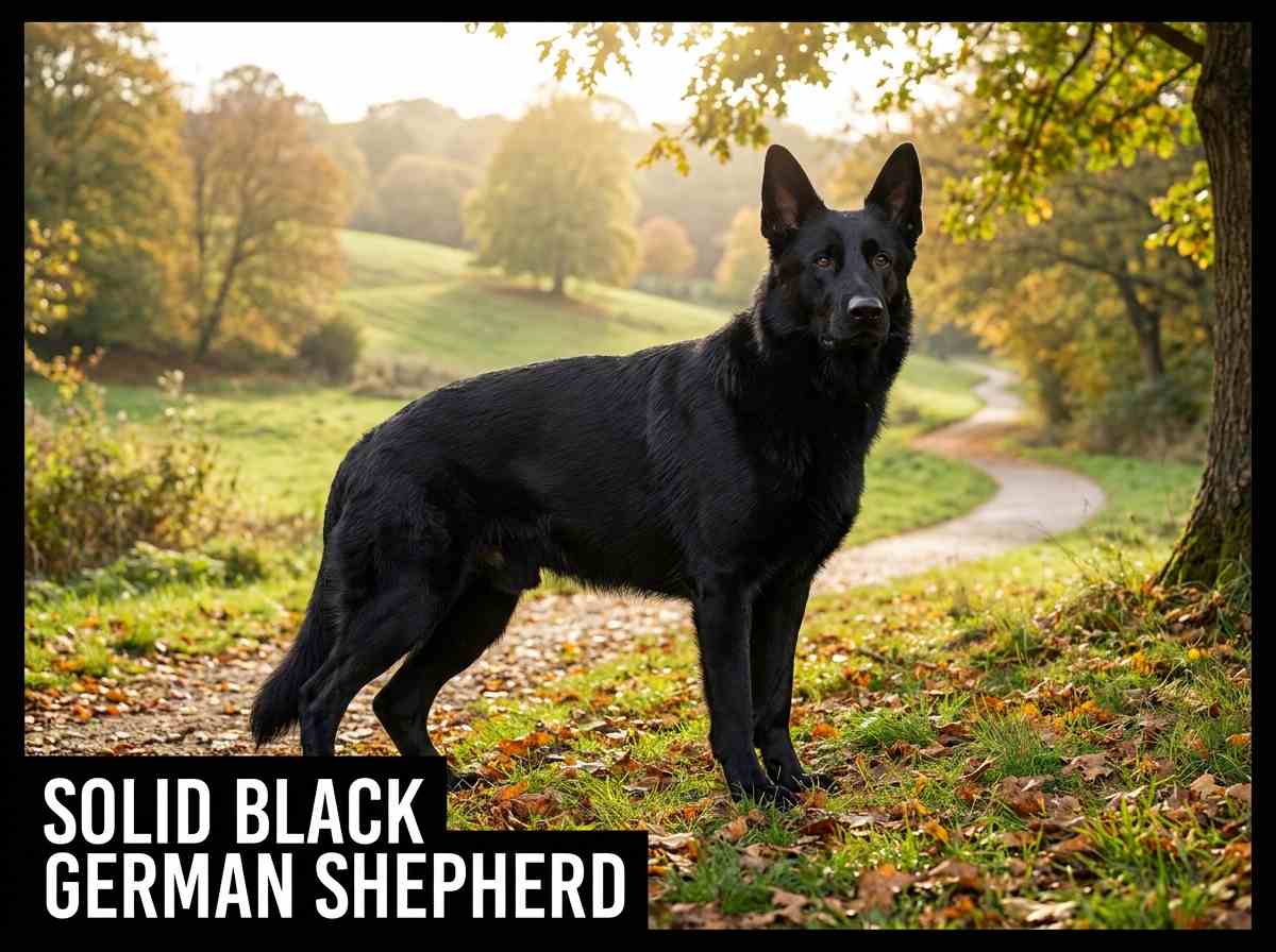 Solid Black German Shepherd standing outdoors