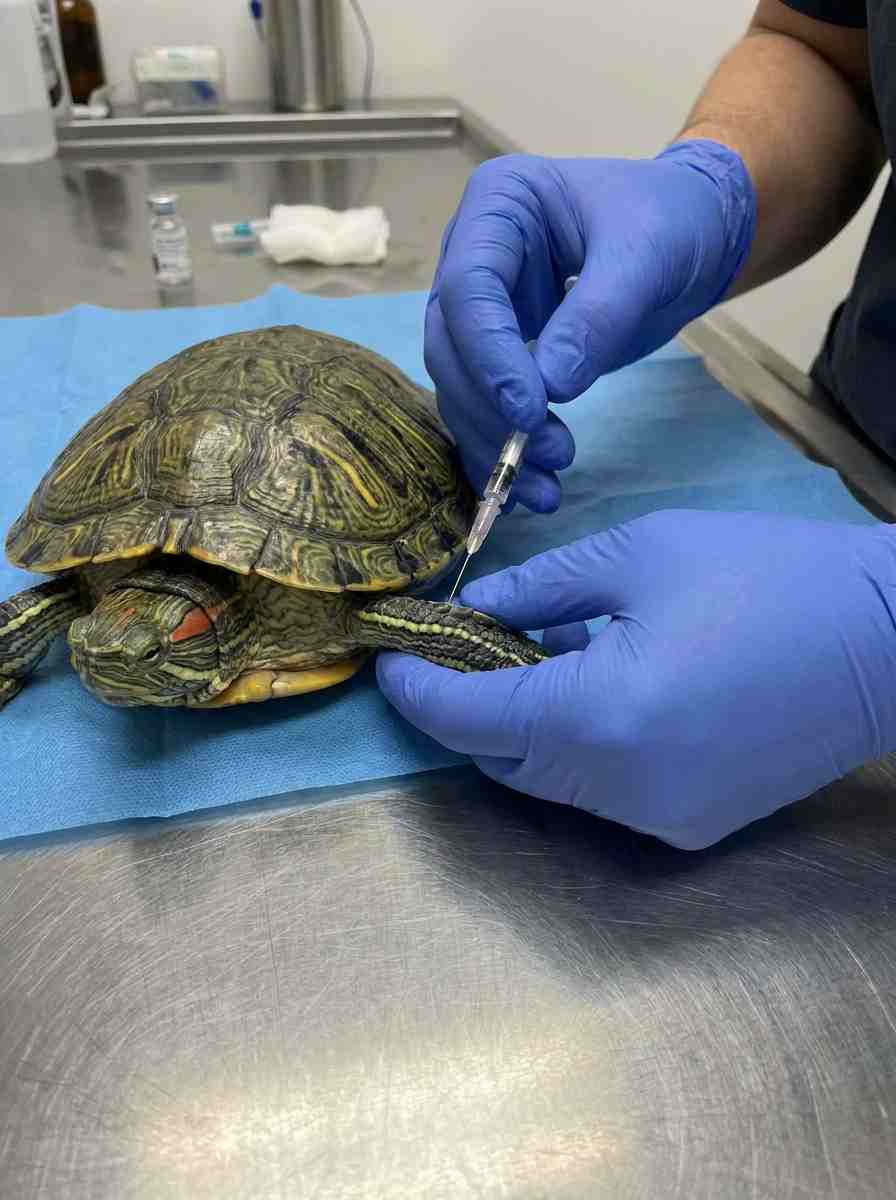 Veterinarian examining sick turtle