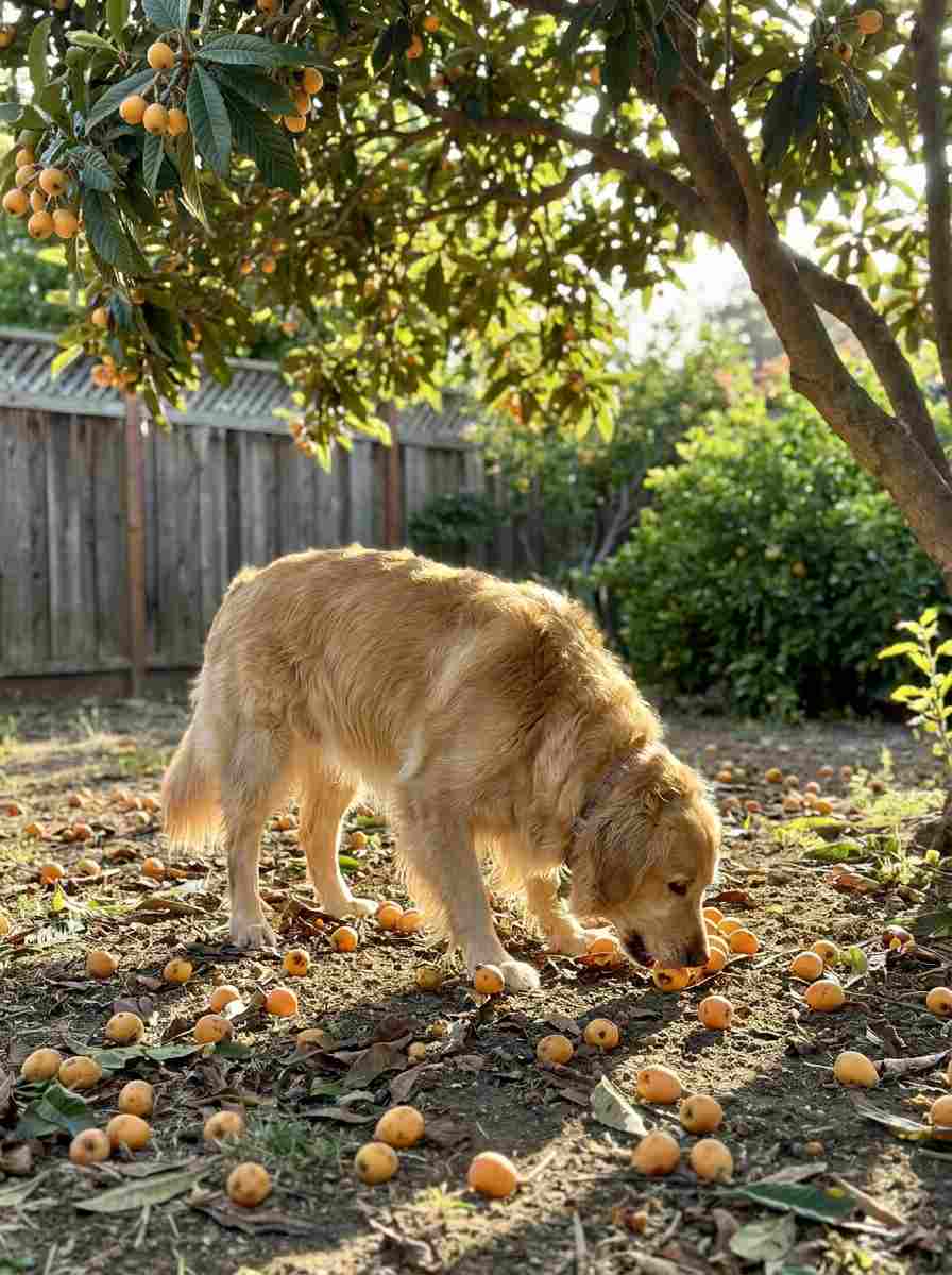 golden retriever eating fallen loquats under tree